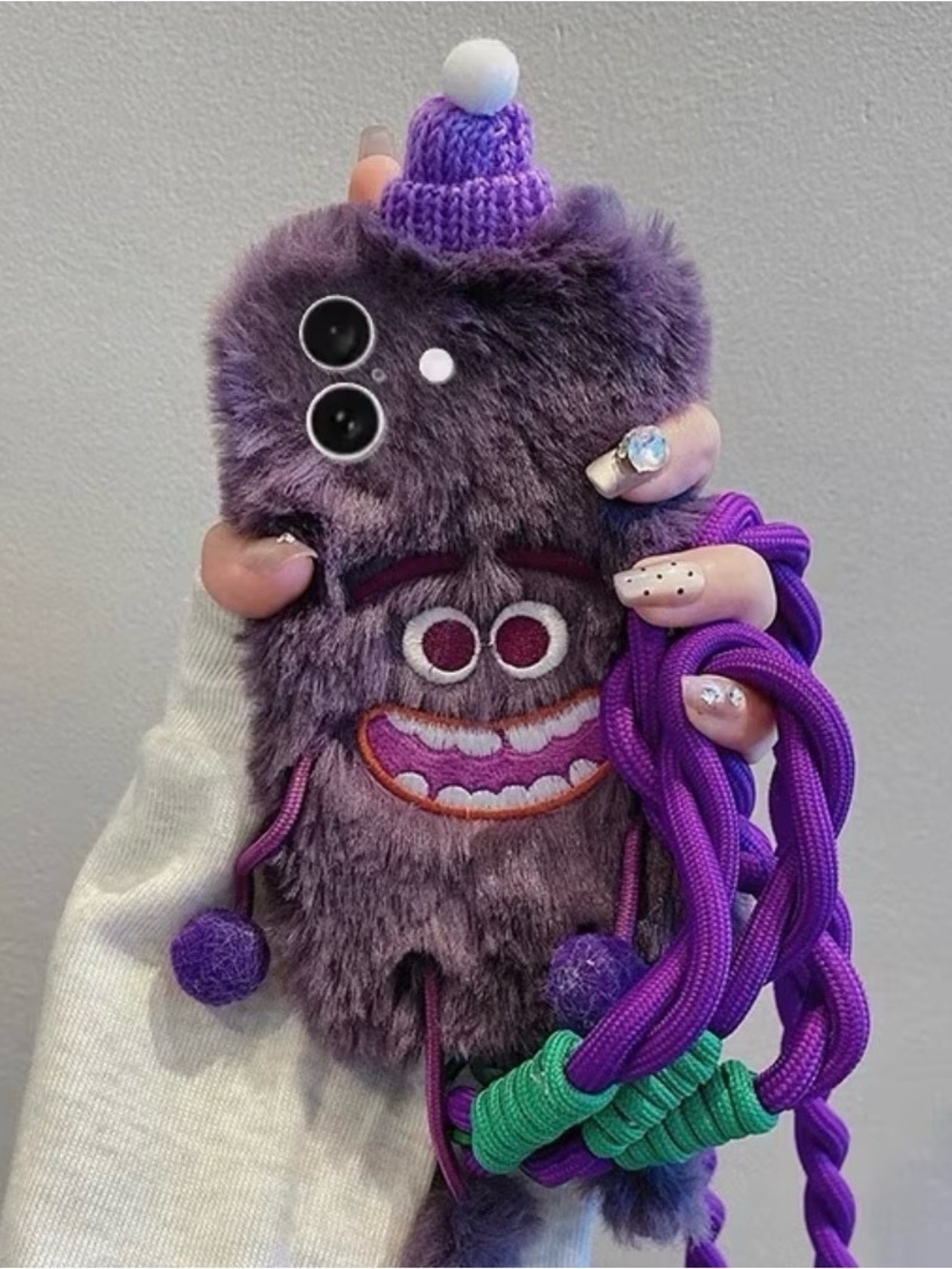 Plush Purple Fuzzy Monster Phone Case with Strap